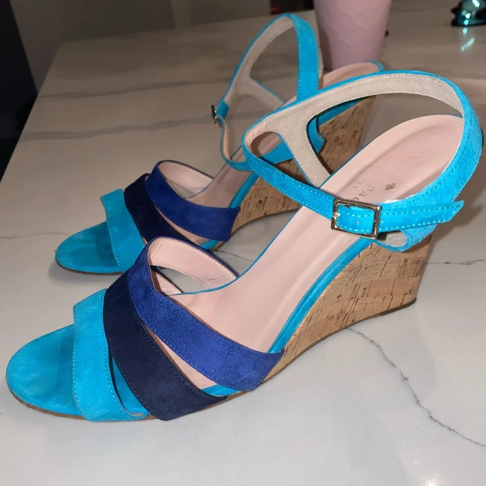 kate spade Blue Multi Suede Cork Wedge Sandals